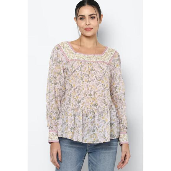 American Eagle Outfitters Tops - American Eagle Pink Yellow Floral Boho Peasant Top Long Sleeve Blouse size XS